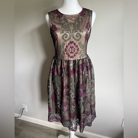 Sundance Black Green Purple Lace Overlay A-Line Dress Womens 2 Whimsigoth - Picture 1 of 6